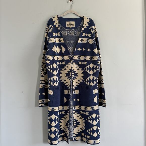 NWT Outback Trading Co Nora Southwestern Blue Knee Length Cardigan Sweater - Picture 2 of 6